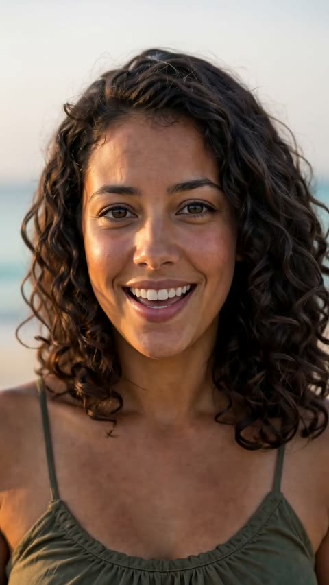 Person 2 sings to the camera on the beach